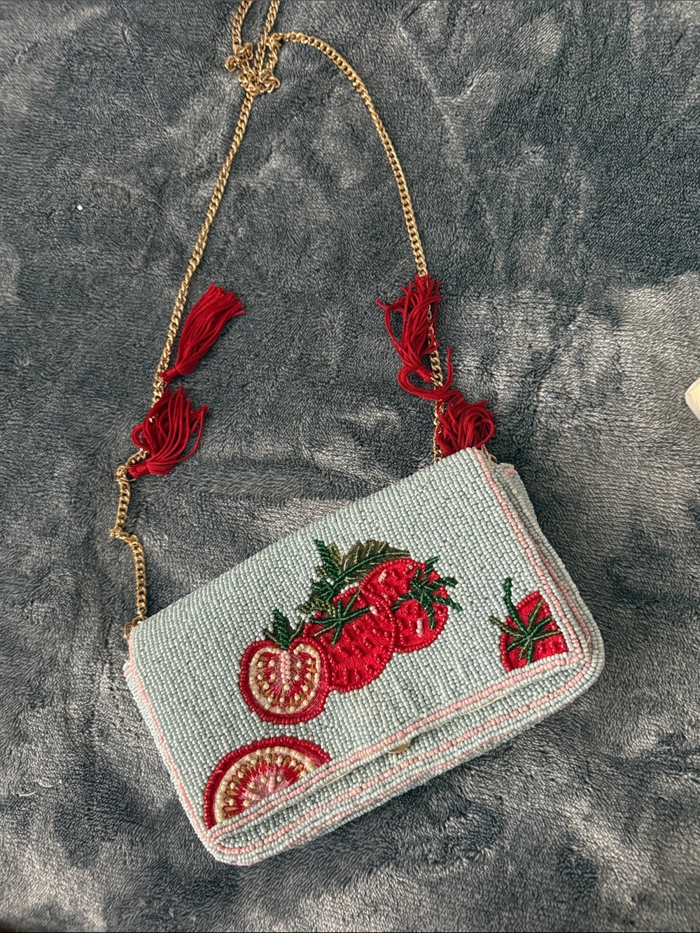 Beaded tomatoes Crossbody Bag - Mint with Red Embroidery